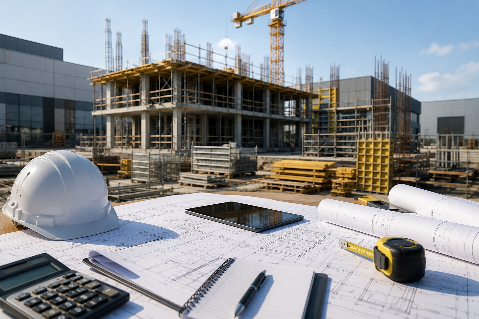 Bouwproject met bouwtekeningen en projectplanning voor zakelijke bouwbegeleiding